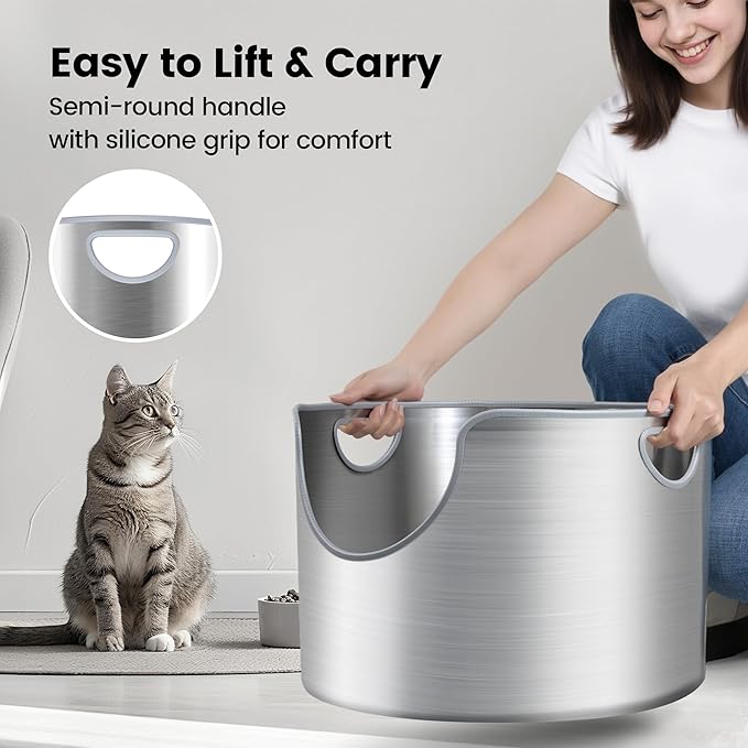 Stainless Steel Litter Box, Metal Litter Box, Integrated Round, XL 12'' High Side, Odor Control, Easy to Clean, Durable, Includes Scoop for Big Cats & Multi-Cat Households