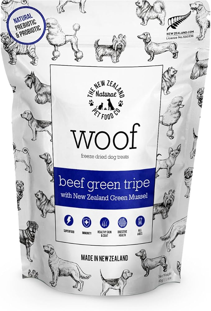 The New Zealand Natural Pet Food Co WOOF Freeze Dried Dog Treats - Beef Green Tripe, High Protein, Treats Small & for Large Dogs, Natural, Topper or Dog Treat, 1.4 oz