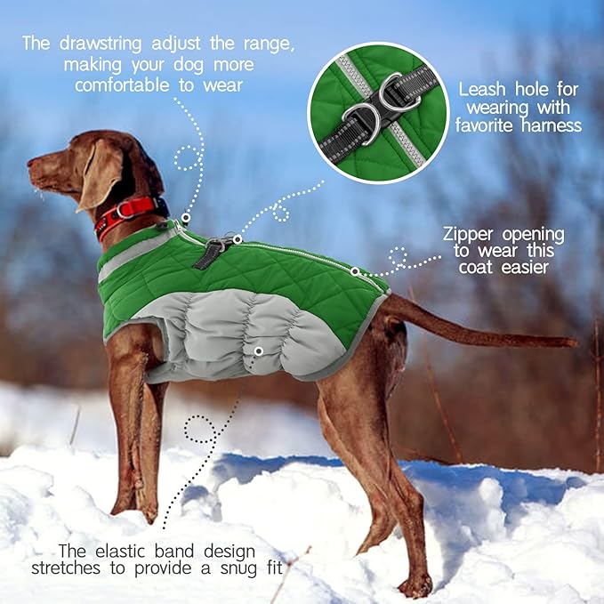 FUAMEY Dog Coat for Large Dogs,Waterproof Dog Winter Jacket with Harness Built in Puppy Cold Weather Coats Reflective Pet Vest with Zipper Warm Fleece Dogs Snowsuit Windproof Green XXXL