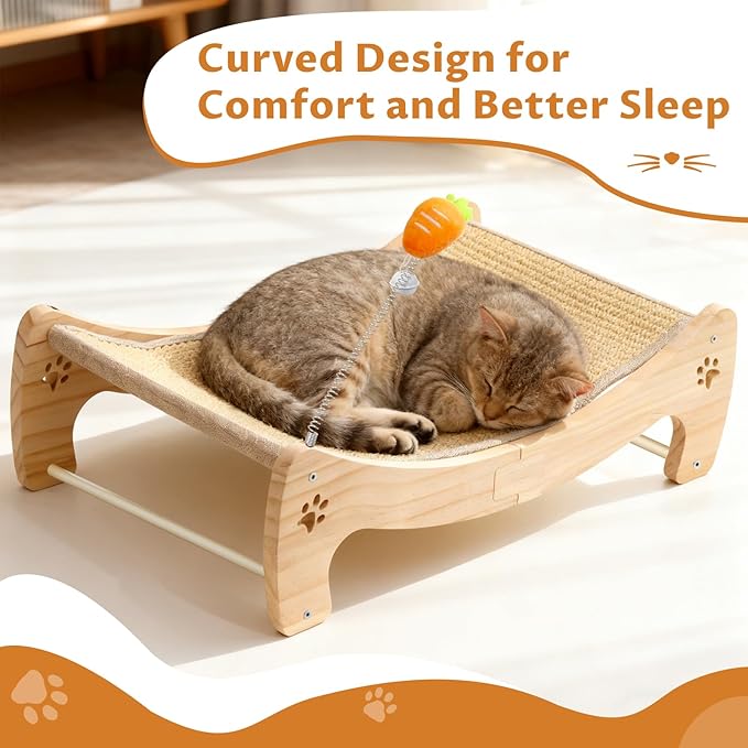 Wooden Cat Scratcher Bed with Carrot Toy, Dual-Role Hammock & Sisal Post, Indoor Cat Furniture for Napping & Play