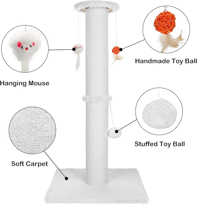 36.5 Inch Cat Scratching Post Heavy Duty Cat Scratch Post Handcrafted Rope with Hanging Toys for Ultimate Cat Fun(White)
