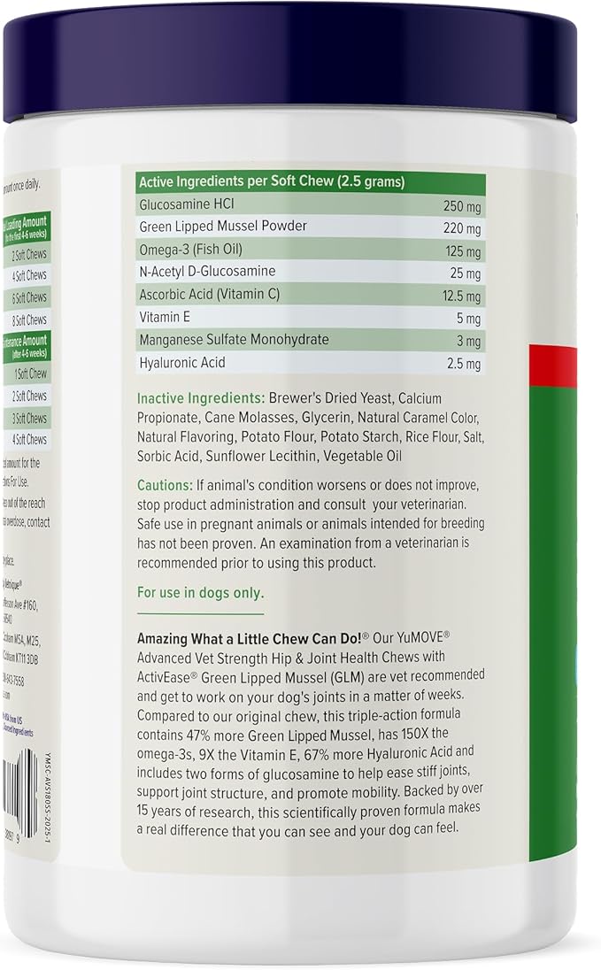 Yumove Hip & Joint Supplement for Dogs with Glucosamine, Hyaluronic Acid, Green Lipped Mussel & Omega 3 Joint Supplement - Regular or Advanced Strength (180 Count, Advanced Vet Strength Soft Chews)