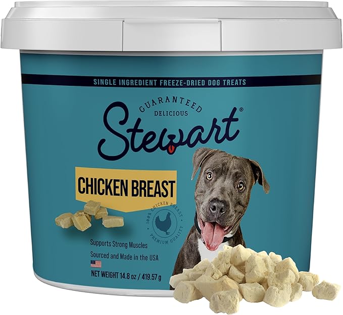 Stewart Chicken Breast Dog Treats, 14.8 oz, ~280 Pieces, Freeze Dried Raw, Single Ingredient, 74% Protein Training Treats or Meal Topper in a Value Size Resealable Tub, Grain Free, Gluten Free