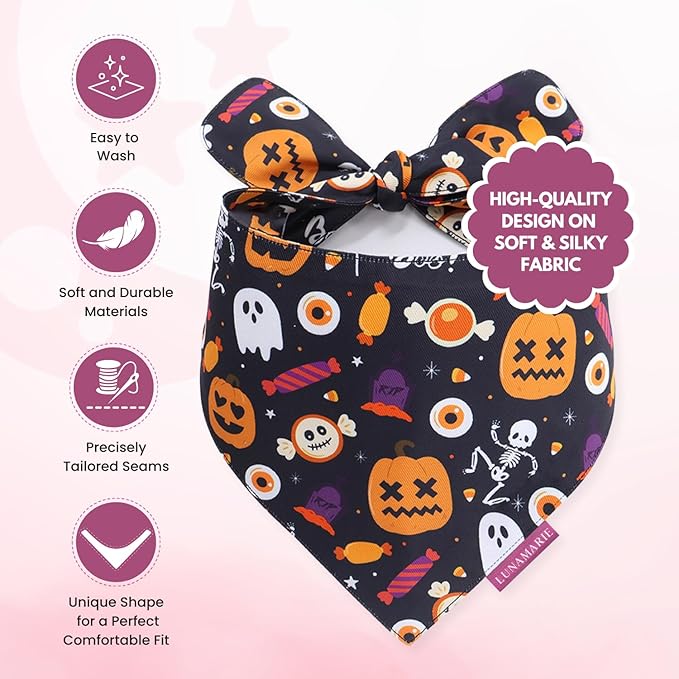 LunaMarie - Luxury Cat and Dog Bandanas - Halloween Designs | Premium Silky Poly Fabric | 100% Handmade Custom Shape Dual Layered Small, Medium, Large Cat Scarf (Trick-Or-Treat, Small)