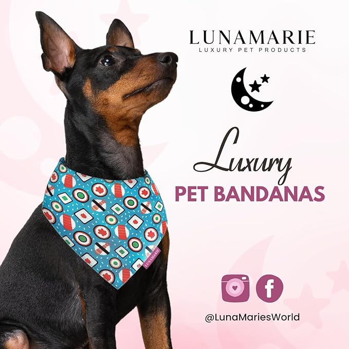 LunaMarie - Luxury Pet Birthday Bandanas -Premium & Silky Poly Fabric | 100% Handmade | Custom Shape Dual Layered (Sushi, Small)