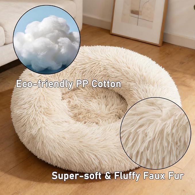Calming Donut Dog Beds for Small Dogs Kitten - Washable Removable Cover Non-Slip Bottom, Round Pet Bed Puppy Bed Warming Fluffy Faux Fur Anti-Anxiety, Fits up to 15 lbs (Beige, 20")