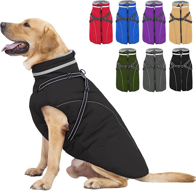 Fragralley Dog Coat with Harness Built in, Waterproof Windproof Reflective Warm Puffer Jacket, Fleece Lined Vest Winter Parka for Small, Medium, Large Dogs