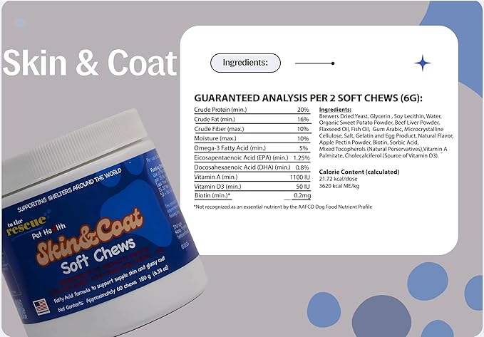 to The Rescue Dog Skin and Coat Supplement - Fatty Acid Formula to Support Supple Skin and Glossy Coat - Antioxidants and Omega-3 to Help with Allergy and Itch Relief - 60 Chews