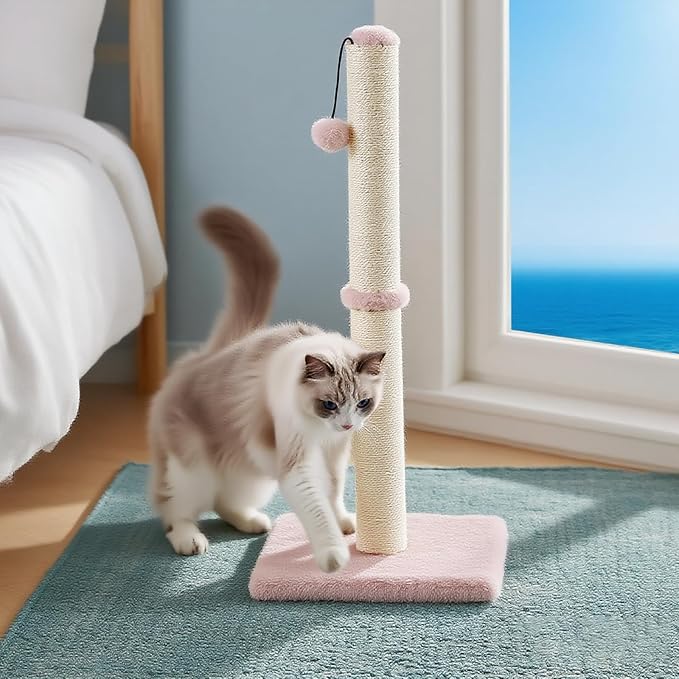 Dimaka Tall Cat Scratching Post, Claw Scratcher with Sisal Rope and Covered with Soft Smooth Plush, Vertical Scratch [Full Strectch] for Standard Size Cats (Pink, 34 inches for Large Cats)