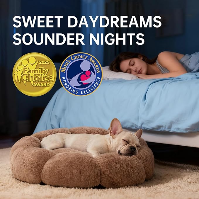 OhGeni 31 inches Calming Donut Orthopedic Dog & Cat Bed for Medium Pets, Warming Comfort Fluffy Short Pile Fur, Durable Waterproof Machine Washable Removable Cover, Cute Round Bed for Puppy, Camel