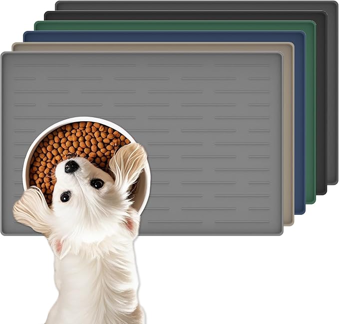 18"x12" Dog Food Mat, Silicone Dog and Cat Mats for Food and Water Bowls, Waterproof Raised Edge Pet Feeding Mat for Contain Spills Protects Floors, Multiple Colors & Sizes for Pets, Light Gray