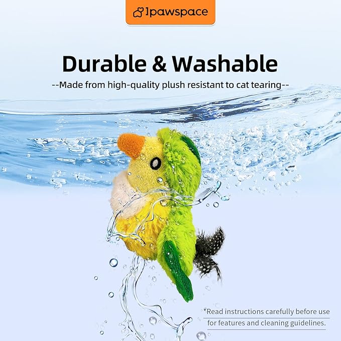 Interactive Flapping Bird Cat Toy with Catnip, Touch Activated Rechargeable, Musical Sound (can Turn Off), Satisfy Cat's Natural Huting Instinct, Soft Plush Washable Cover (Green)