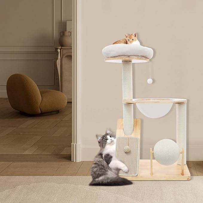 Wood Cat Tree Tower with Scratching Posts, Modern Natural Wood Cute Multifunctional Cat Tree Tower, Cat Scratcher & Resting Platform, Multifunctional Cat Tree for Indoor Cats (02 Style)
