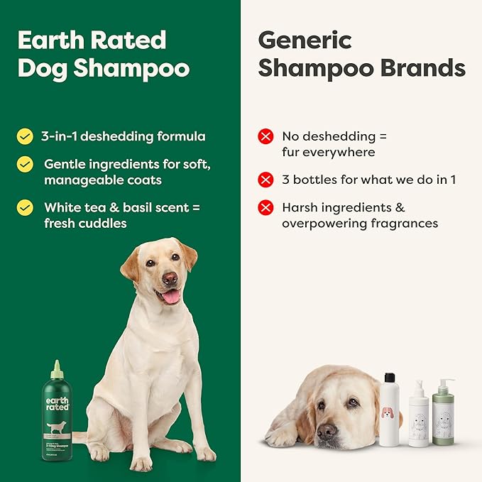 Earth Rated Hypoallergenic 3-in-1 Deshed Dog & Puppy Shampoo & Conditioner, Deodorize 98.5% Natural, 16 oz