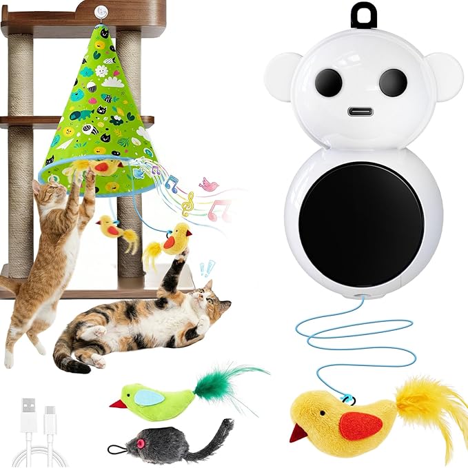 Interactive Cat Toys for Indoor Cats: 2 in 1 Automatic Hide and Seek Flying Bird Feather Wand Chirping Toy, Door Knob Moving Mouse Hunting Toys, Rechargeable Toys for Bored Kitten Adult Cats (Green)