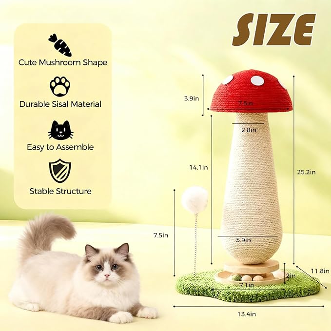 Cat Scratching Tower - Indoor Scratcher for Adult Felines, Playful Kitty Tree with Catnip Ball Track and Spring Fur Ball, Sturdy Sisal Scratching Post Toy 25.2'' - Red Mushroom