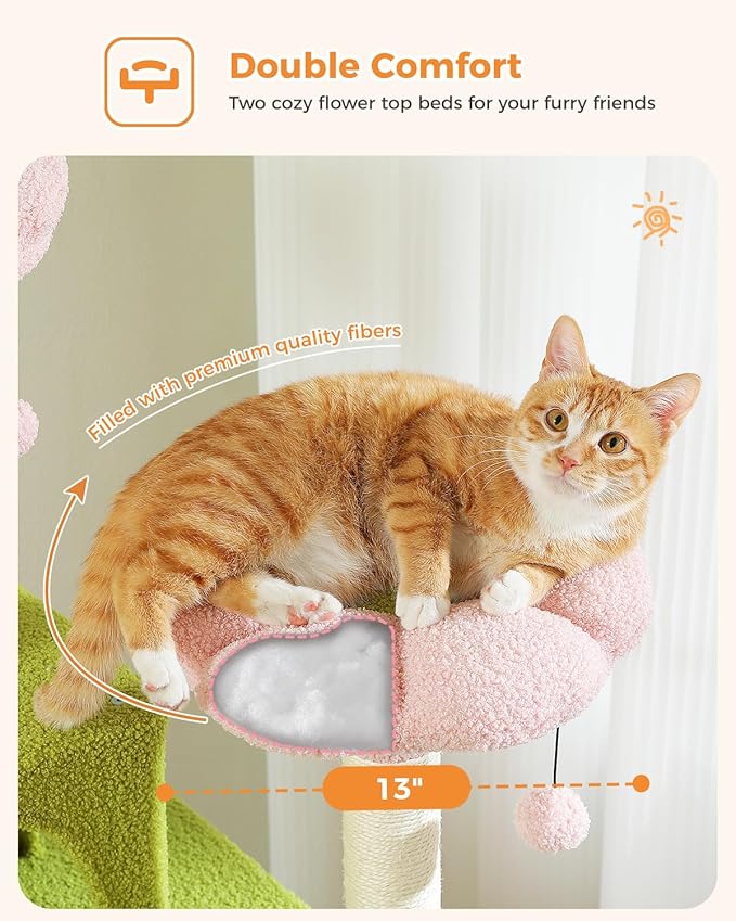 Flower Cat Tree, 70.9" Tall Tree for Indoor Cats, Large Tree for Large Cats, Multi-Level Tower with 6 Scratching Posts, 2 Condos, 2 Perches, Hammock, Pompoms, Pink