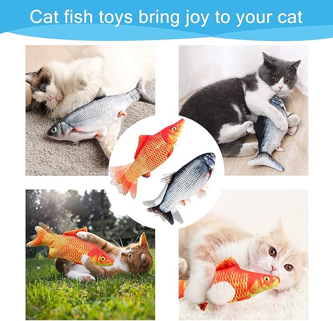 Tocirelo Cat Toys Interactive Flopping Fish with Catnip, 2Pack Interactive Cat Toys for Indoor Cats, 11" Electric Moving Kitten Kicker Toy, Automatic Floppy Fish Bored Kitty Enrichment Products