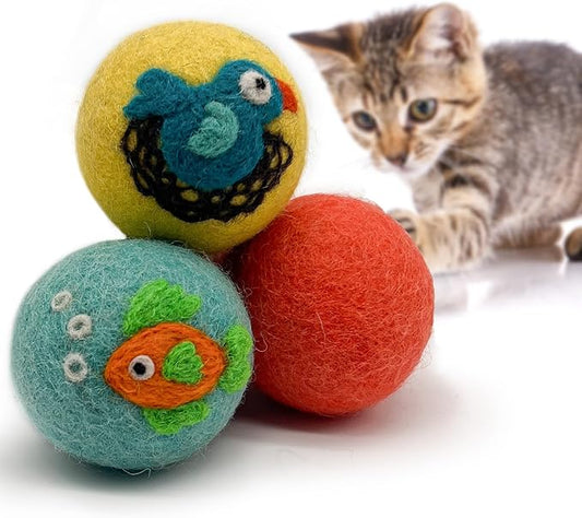 Hustle & Blush Love Ewe Felted Cat Toys 3 Pack - 2 Inch Fish & Bird Hand Made Cute & Fun Design Kitten Wool Felt Balls for Indoor Play & Exercise - 100% New Zealand Handmade - Holiday Pet