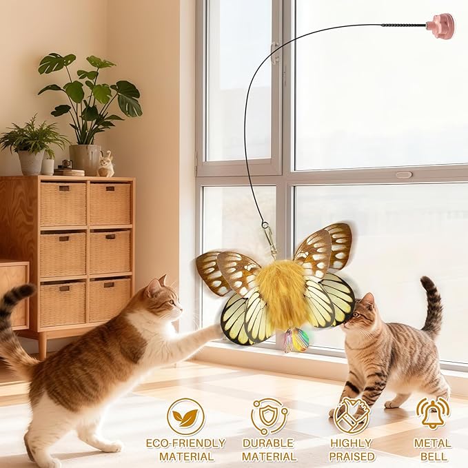 Walfront Interactive Cat Toy – Butterfly Teaser Wand with Pink Flower Suction Cup, Self-Play Toy for Kittens & Adult Indoor Cats, Durable Elastic Stick for Exercise & Boredom Relief