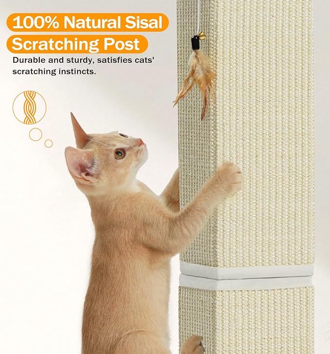Made4Pets Cat Scratching Post, 32 Inch Natural Sisal Cat Scratcher with Kitten Toy, Tall Scratching Post for Indoor Cats Adults and Kittens, Beige