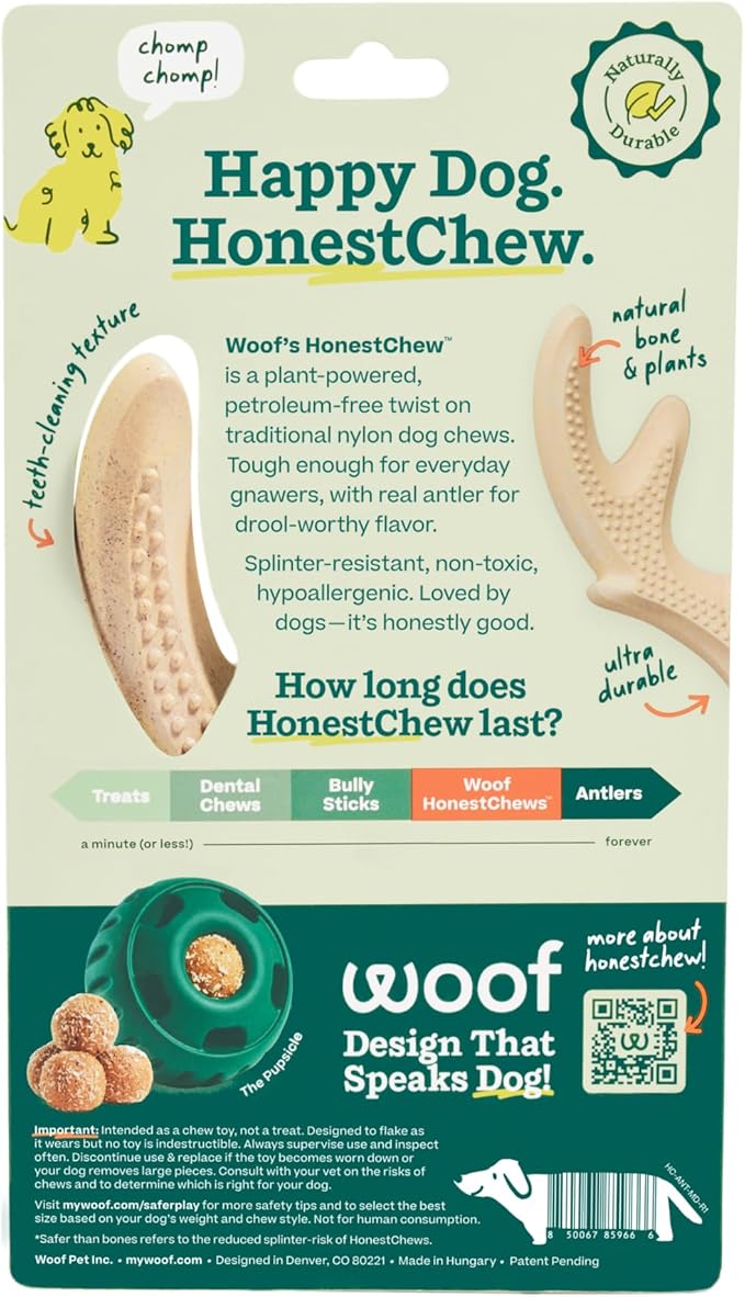 WOOF HonestChew Dog Toy Antler - Durable Dog Chew Toy - Made with Natural, Plant-Based Ingredients - Splinter-Resistant - Safer Than Dog Bones - Medium