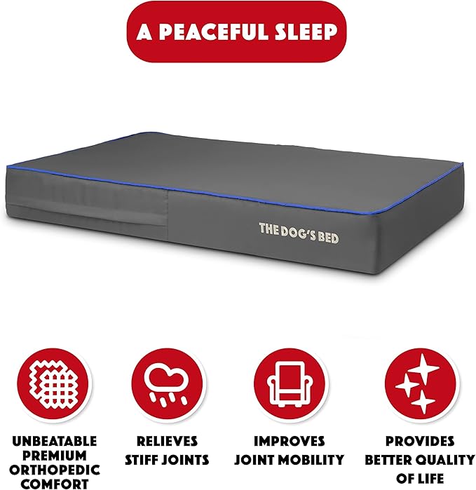The Dog’s Bed Orthopedic Memory Foam Dog Bed, XL Grey/Blue 46x28, Pain Relief for Arthritis, Hip & Elbow Dysplasia, Post Surgery, Lameness, Supportive, Calming, Waterproof Washable Cover