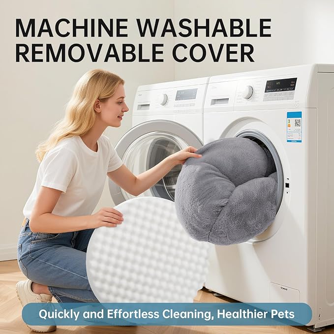 OhGeni 31 inches Calming Donut Orthopedic Dog & Cat Bed for Medium Pets, Warming Comfort Fluffy Short Pile Fur, Durable Waterproof Machine Washable Removable Cover, Round Bed for Puppy, Light Gray