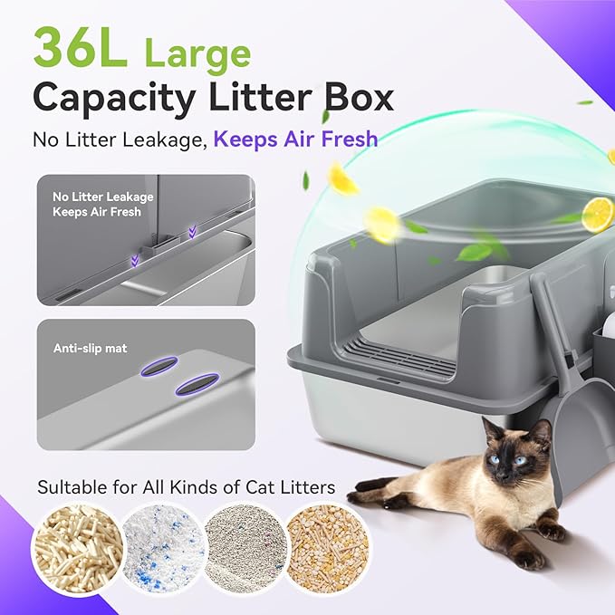 High Sides Odor Free No Sticky Extra Large Steel Cat Litter Box with Scoop, Tall Wall No Smell 24"X16"X13" Stainless Metal Kitty Litterbox, Grey