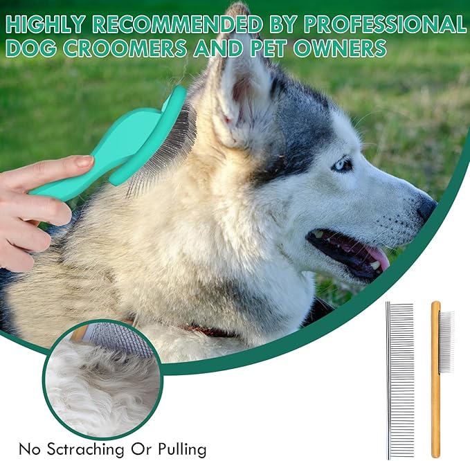 Large Dog Slicker Brush for Shedding & Curly Coat, Long Hair Dogs & Cats, Doodles, Poodles & Goldendoodles, Long Pin Grooming Brush with Wooden Handle, 3 Pcs Comb Set for Mats Tangles. Green