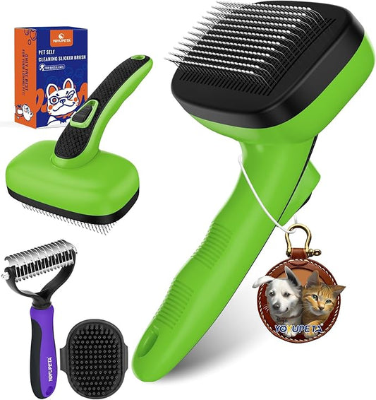 Dog Brush Kit - Self-Cleaning Slicker Brush with Bath Brush & Undercoat Rake | Deshedding Tools for Large - Small Dogs & Cats, Professional 3-in-1 Pet Grooming Set for Heavy Shedding, Green