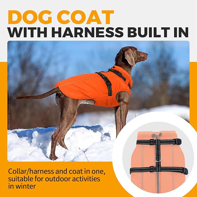 Lelepet Dog Winter Coat Waterproof Dog Jacket with Harness Built in Windproof Reflective Pet Coats for Small Medium Large Dogs, Thermal Fleece Lined Coats for Cold Weather Walking Hiking, Orange, L