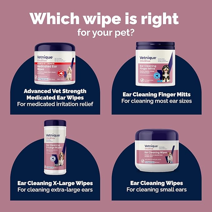 Vetnique Oticbliss Cat & Dog Ear Wipes - Dog Ear Infection Treatment or Dog Ear Cleaner Wipes for Dirty, Waxy, Smelly Dog Ears, Odor Control with Aloe Vera & Salicylic Acid (Medicated Ear Wipes)