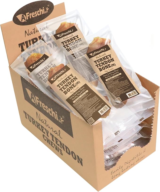 AFreschi Turkey Tendon of Dog Bones Shape, USA-Sourced, Limited-Ingredient, Rawhide-Free, Long-Lasting, All-Natural Dog Treats for Medium Dogs, 20 Count Box (M)