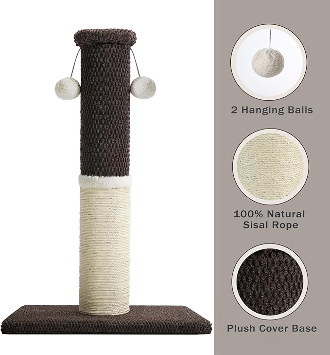 Made4Pets Tall Cat Scratching Post, Heavy Duty and Thicker Scratching Posts for Indoor Cats Adults, 33" Natural Sisal Cat Scratcher with Hanging Balls, Sturdy Base Cat Scratch Post, Brown