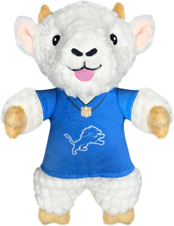 Pets First NFL Detroit Lions Goat Plush Toy for Dogs and Cats with Squeaker, Wearing a Team Jersey! Fun & Sporty Goat Shaped Dog Chew Toy, Interactive Pet Toy