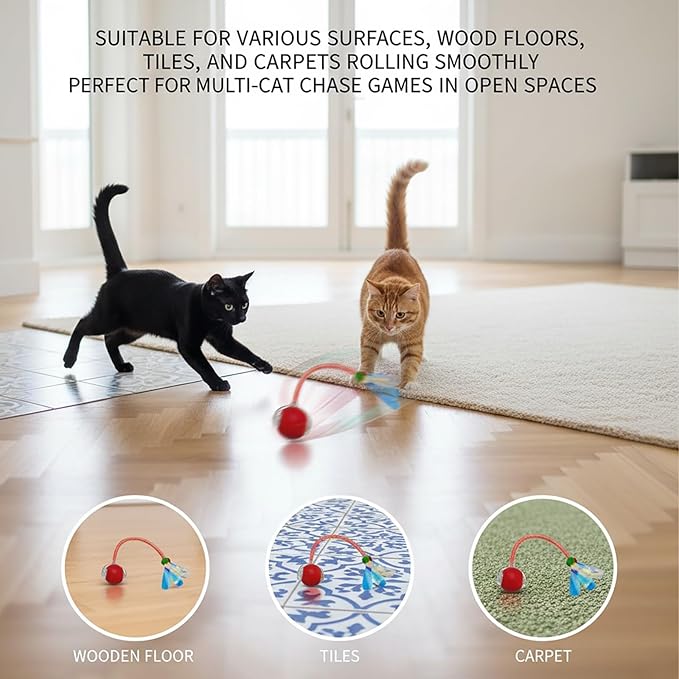 Interactive Cat Toys Ball for Cats - Upgrade Automatic Cat Toys for Indoor Cats, Chirping Cat Toy, 3 Modes 2 Speed Moving Cat Ball with Dragonfly Feathers 2PCS (Red Blue)