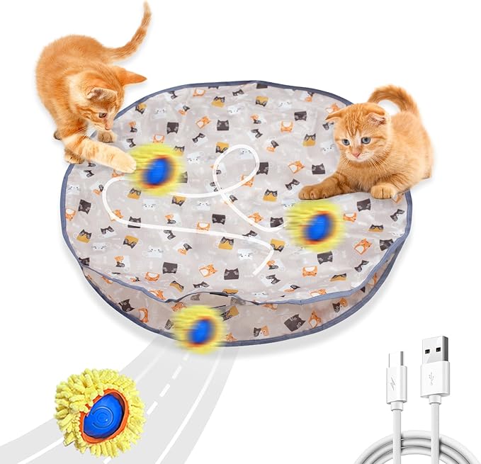 Interactive Cat Toys, Automatic Motion Activated Moving Ball Hide and Seek Game, 28 Inch Play Mat, Fast Rolling Ball in Play Mat for Indoor Exercise Kicker