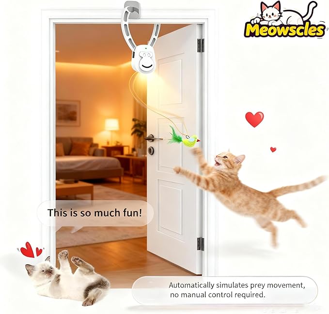 Meowscles Cat Toy, Automatic Interactive Cat Feather Toys with Rotating and telescoping Modes., USB Rechargeable Kitten Toys for Indoor Cats (White)