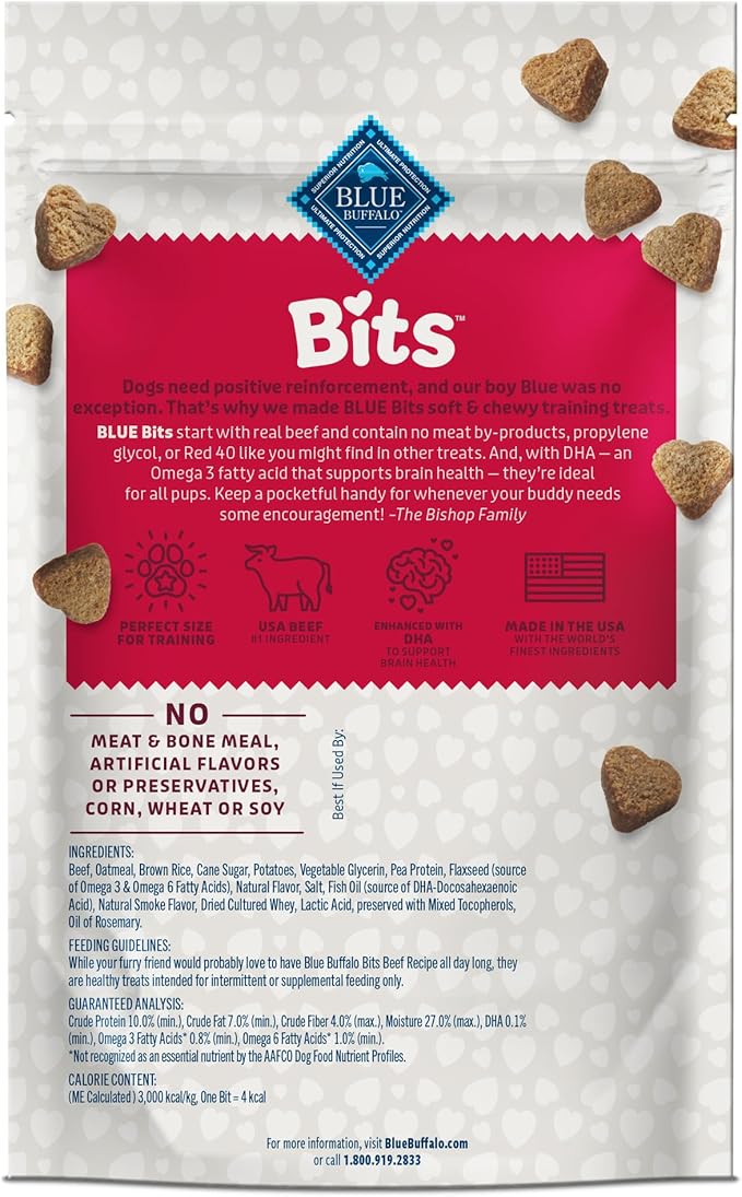 Blue Buffalo Bits Soft Dog Treats for Training, Made with Natural Ingredients & Enhanced with DHA, Beef Recipe, 4-oz Bag