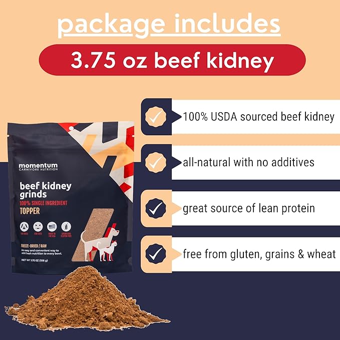 Momentum Carnivore Nutrition Freeze-Dried Beef Kidney Pet Food Topper – Single-Ingredient, All-Natural Topper – High-Protein for Dogs and Cats, Grain-Free and Made in The USA– (3.75 oz Bag)