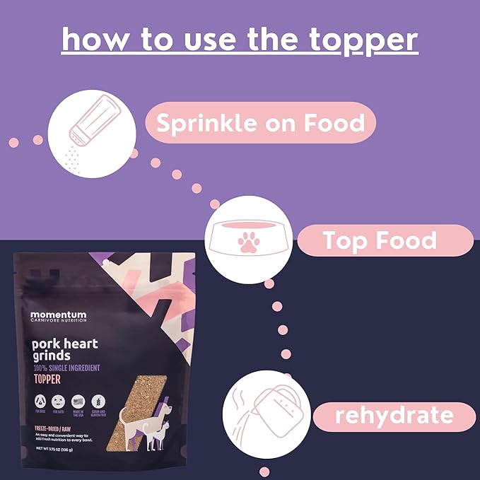 Momentum Carnivore Nutrition Freeze-Dried Pork Heart Pet Food Topper – Single-Ingredient, All-Natural Topper – High-Protein for Dogs and Cats, Grain-Free and Made in The USA– (3.75 oz Bag)