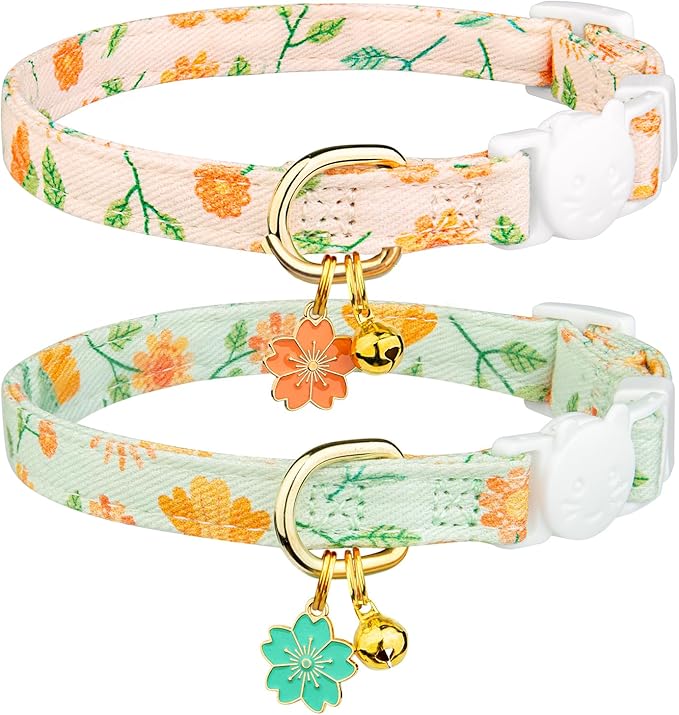 2 Pack Cotton Breakaway Cat Collar Beige and Green Flowers Pendant Cute Kitten Cat Collar with Bell