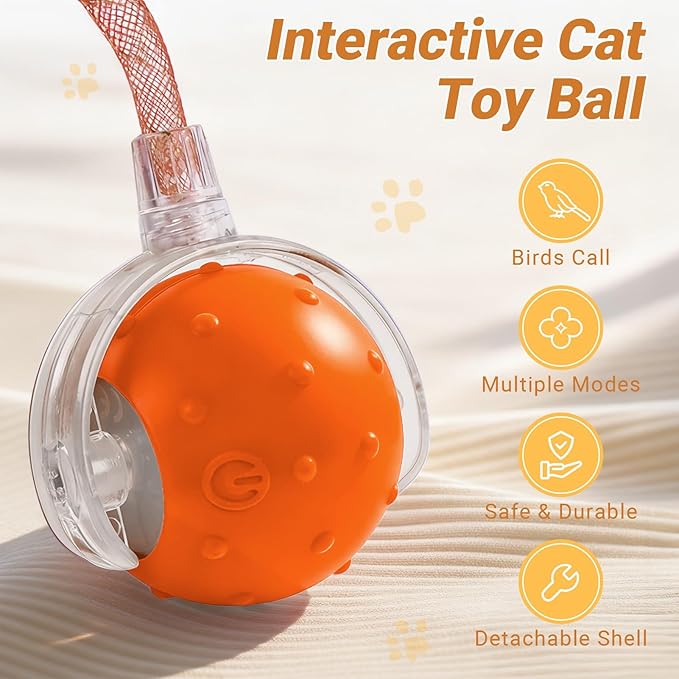 Interactive Automatic Cat Toy Ball with Chirping, 2 Tails & 2 Speeds - USB Rechargeable，Motion Activated Self Play Toy with Random Movement for Bored Indoor Cats, Kitten & Adult Cat Entertainment