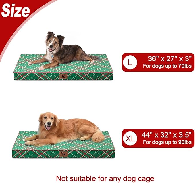 Christmas Orthopedic Dog Bed for Large Dogs, Big Waterproof Dog Bed Washable Pet Bed for Large Sized Dogs with Egg Crate Foam Pet Bed Mat, Removable Oxford Cooling Cover, Plaid