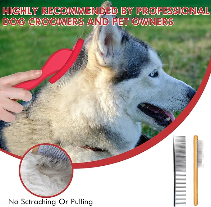 Large Dog Slicker Brush for Shedding & Curly Coat, Long Hair Dogs & Cats, Doodles, Poodles & Goldendoodles, Long Pin Grooming Brush with Wooden Handle, 3 Pcs Comb Set for Mats/Tangles. Red