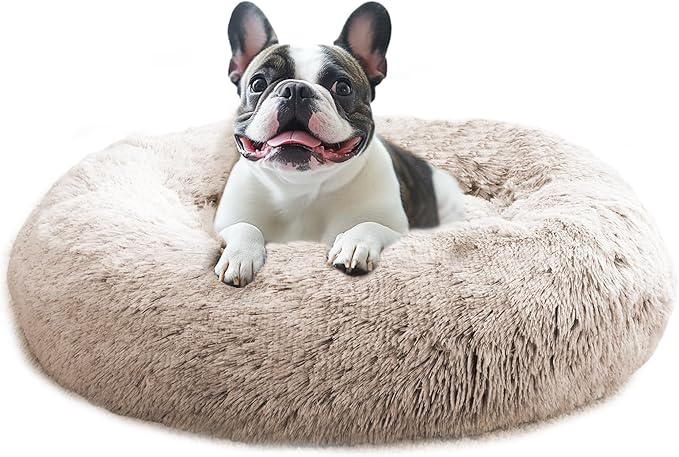 JOLLYVOGUE Calming Dog Bed for Small Dogs - 23 inches Donut Washable Small Dog Bed for Kittens & Puppies, Anti-Slip Round Fluffy Plush Faux Fur Cat Beds (Fits up to 25 lbs Pets, Cream Brown)