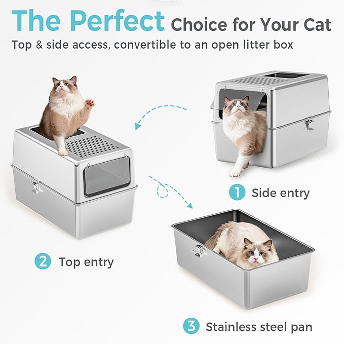 Extra Large Enclosed Stainless Steel Litter Box with Lid, 23.6"x17.7"x15.7" High Sided Metal Cat Litter Box for Indoor Cats, Covered Dog Proof Kitty Litter Pan, Odor Free, Non Sticky, XL
