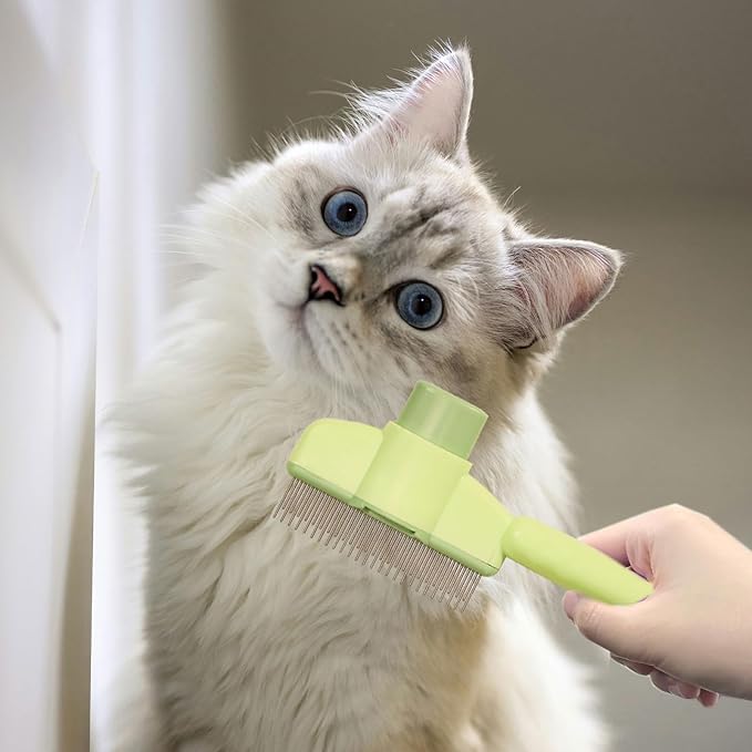 Dogs and Cats Comb with Release Button, Pet Hair Removal Tools with Safe Stainless Steel Teeth for Deshedding, Cat Grooming Supplies for Long/Short Hair, Cat Brush for Shedding, Green