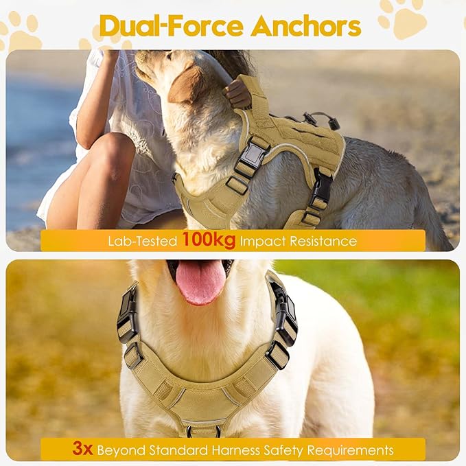 Heavy-Duty Tactical Dog Harness for Large Dogs, No Pull Adjustable Reflective Pet Vest with Molle System, K9 Military-Grade Control for Service Training, Outdoor & 10+ Breeds, Khaki, Small